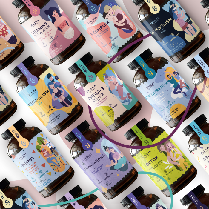 Levann Anna i Robert Lewandowskcy suplementy diety etykietki Levann projekt etykietki ilustracja Natya Art
